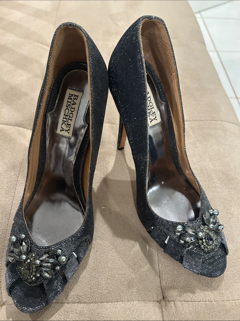 Badgley Mischka Glittered Black Peep-Toe Heels with Crystal Embellishment